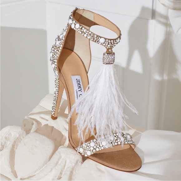 Jimmy Choo Viola 110 Crystal Sandals Ostrich Feather Tassel Wedding $1,895 - Picture 1 of 16